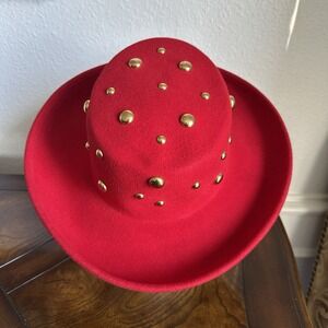 VTG Betmar NY Red Wool Hat 22 Inch Small Gold Stud Fedora Wide Brim USA LiteFelt